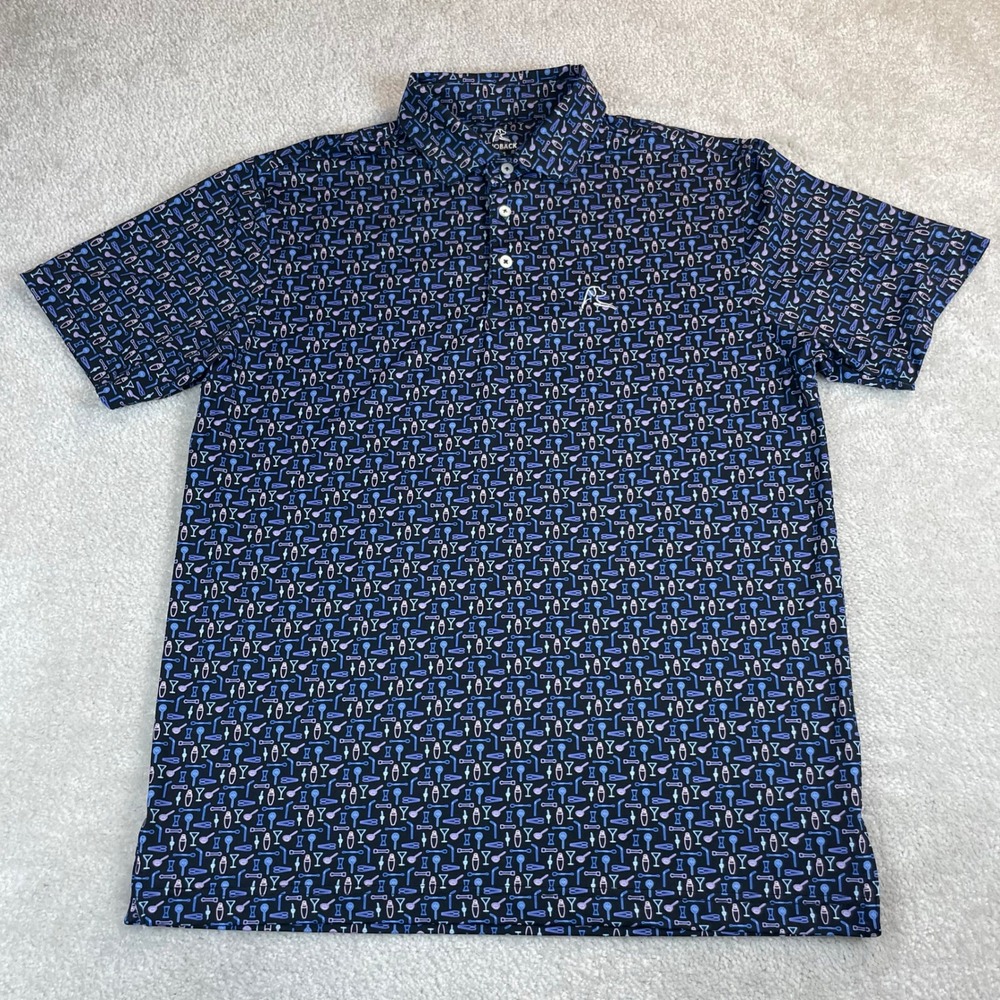 Rhoback Mens M Performance Polo Shirt Blue Purple Neon Cocktail Shaker Print